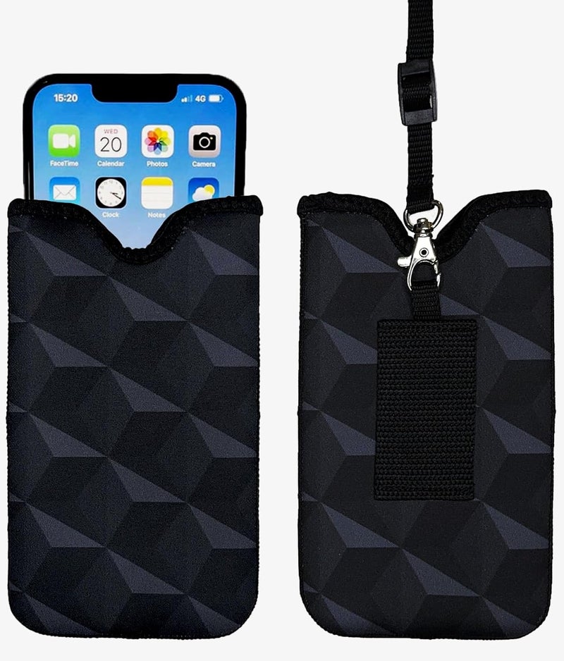 Tainada Neoprene Shockproof Cell Phone Sleeve Pouch Carrying Case for Men Women w/Neck Lanyard, Belt Loop Holster for iPhone 17/16/15 Pro Max, 16/15 Plus; Samsung S25, S24 (Black Geometric Pattern) - Image 1